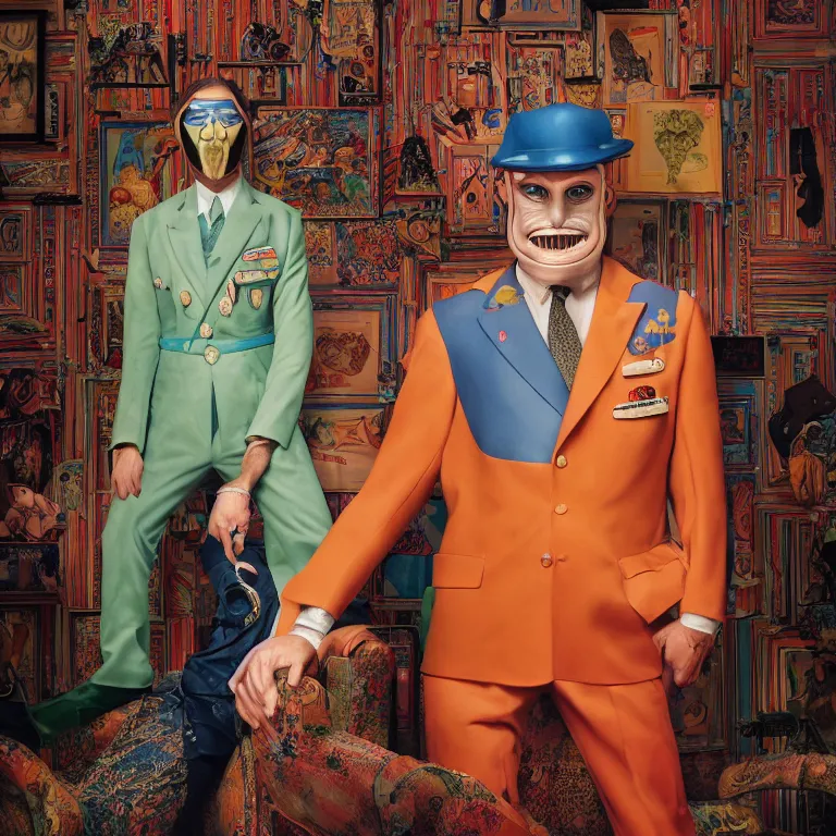 Image similar to vogue photoshoot octane render portrait by wayne barlow and carlo crivelli and glenn fabry, focus on an eccentric man in a bright colorful pastel wes anderson uniform and a latex mask inside a high - end exotic vintage boutique hotel lounge, very short depth of field, bokeh