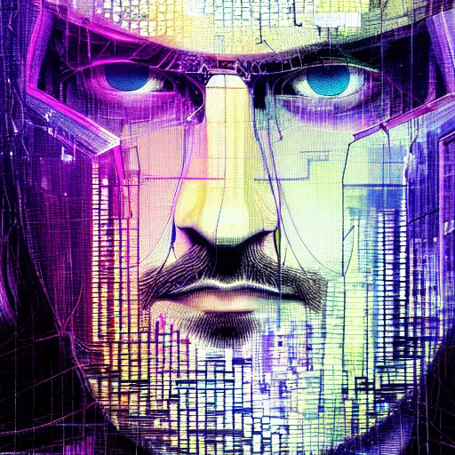 Prompt: hyperrealistic portrait of a cyberpunk man, adult man, long hair, immersed within a network, glitch eyes, by Guy Denning, Johannes Itten, Derek Gores, Russ Mills, glitch art, smooth lines, fine detail, polished, complex, hacking effects, holographic, digital tech effects, blue and violet, color blocking!, realistic, acrylic on canvas, concept art, abstract!, symmetrical, 8k, concept art, octane, photorealistic, cgsociety, trending on artstation