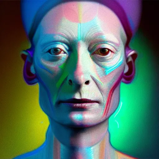 Image similar to a realistic octane render physically based rendering chrome neon tilda swinton, trending on artstation, by archan nair and marlene dumas, intricate details, gilded, in the style of frank auerbach, by kandinsky