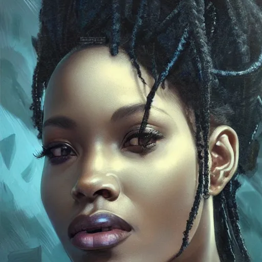 Image similar to studio portrait of a black queen with a beautiful eyes, ultra realistic, concept art, intricate details, eerie, horror, highly detailed, photorealistic, octane render, 8 k, unreal engine. art by artgerm and greg rutkowski and alphonse mucha