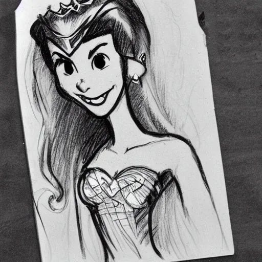 Image similar to milt kahl sketch of victoria justice as princess with hair tendrils