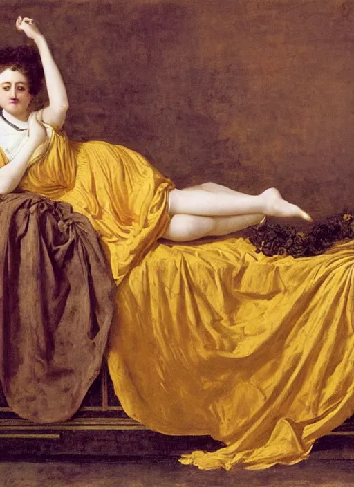 Image similar to masterpiece portrait of lady reclining on bed, rococo flowing cloth in wind raising twisting rising sheets floating in wind flying, wearing yellow ochre ornate medieval dress, vertical, foreshortening, colour photography by frederic leighton, william morris, 8 k