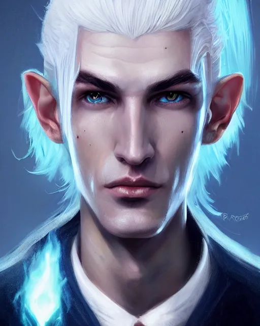 Image similar to character portrait of a slender young half elven man with white hair, piercing cyan blue eyes, and pale blue skin, by greg rutkowski, mark brookes, jim burns, tom bagshaw, trending on artstation