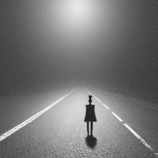 Prompt: a barely visible creepy figure standing in the middle of the road at night, found footage, dark, scary