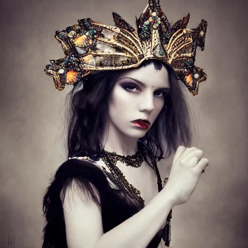 Prompt: a portrait of female model by anka zhuravleva and peter kemp, dark fantasy, ornate headpiece, dark beauty, photorealistic, canon r 3,