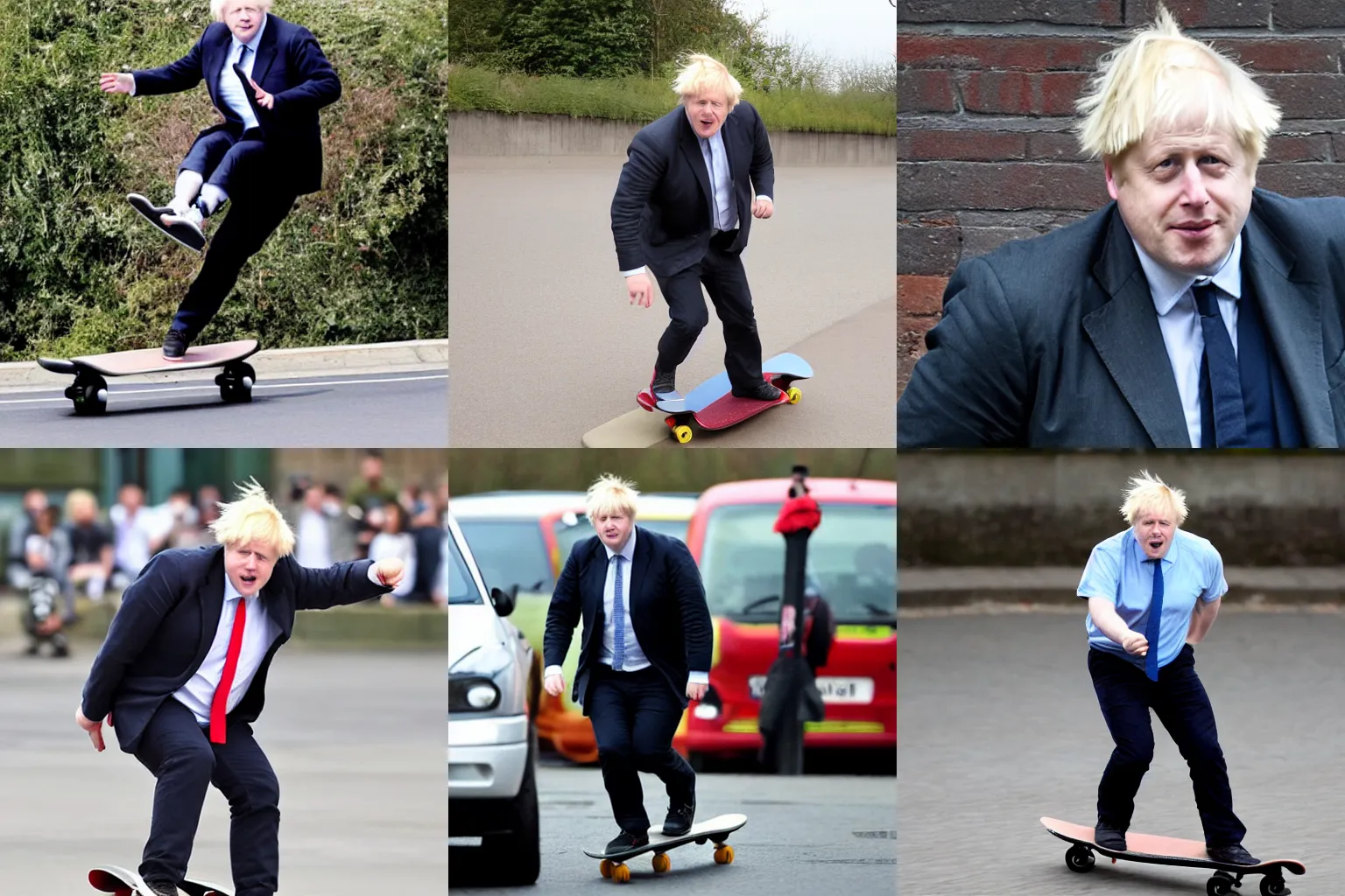 Prompt: Boris Johnson riding a skateboard