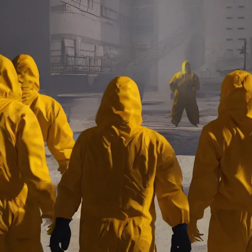 Image similar to hazmat suit wrestlemania, hyper realism, cinematic, volumetric lighting, epic composition, high detail, octane render, unreal engine, 8 k, concept art, 3 d render, datamosh, ray tracing, apocalyptic, intricate complexity, extremely detailed, very sharp,