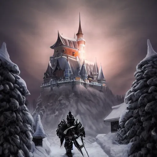 Prompt: paladin knight in snow in front of a castle by Lim Chuan Shin, moody, high contrast, vibrant colors, dark fantasy, 8k, ultra detailed