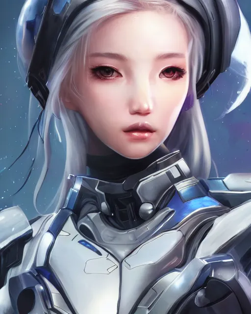 Image similar to perfect android girl family, full body character design, warframe armor, beautiful face, scifi, futuristic, galaxy, nebula, bae suzy, dreamy, long white hair!!!, blue cyborg eyes, sharp focus, cinematic lighting, highly detailed, artstation, divine, by gauthier leblanc, kazuya takahashi, huifeng huang