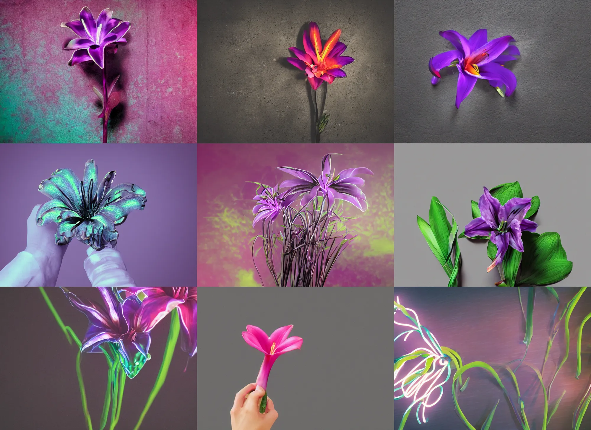 Prompt: neon lily flower on hand, studio shot, black purple studio background, studio lighting, night fill lighting, trending on ArtStation, no surroundings, high detail, ray tracing, 4K, 8K, highly detailed, HDR