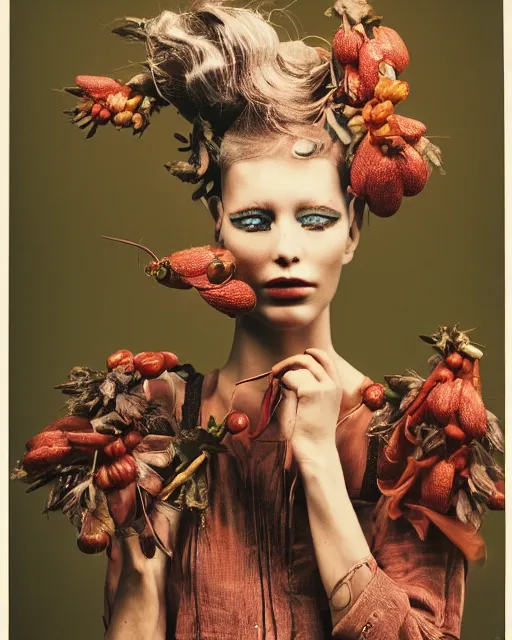 Image similar to a bountiful springtime harvest, a conceptual surrealist punk hairstyle for girls, by steven meisel, sigma 35mm f/8