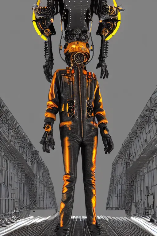 Image similar to photo of a steampunk jump suit, band merchandise, bandname is tripmachine, tourname is invasion of the tripmachines, realistic digital art, jump suit is textured with a 3 d render of a huge futuristic steampunk generator, 8 k, fluorescent colors, halluzinogenic, multicolored, exaggerated detailed, unreal engine