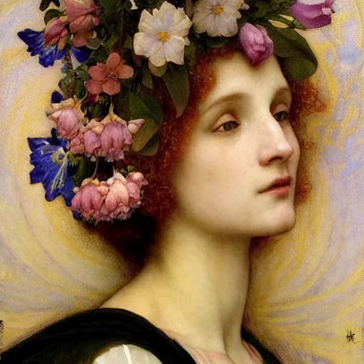 Image similar to queen of flowers, by annie swynnerton and charlie bowater and william - adolphe bouguereau, nicholas roerich and jean delville and evelyn de morgan, dramatic lighting, floral tattoos, rich colors, smooth sharp focus, extremely detailed, donato giancola, adolf wolfli