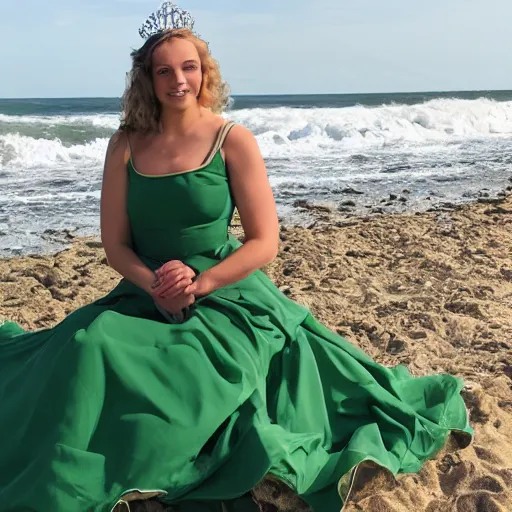 Image similar to A photo of a young woman standing on a beach wearing a green dress and a crown