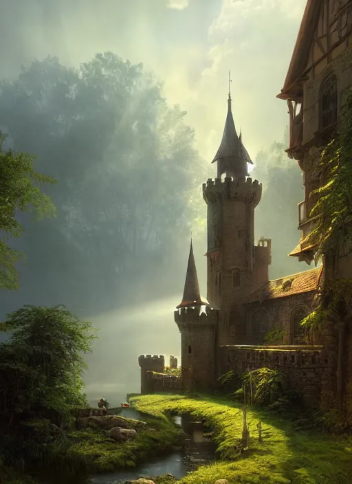 Image similar to beautiful medieval castle, mist, sunrays, dust in the air, dnd character, unreal engine, octane render, dramatic lighting, pond, digital art, by stanley artgerm lau, greg rutkowski, thomas kindkade, alphonse mucha, loish, norman rockwell,