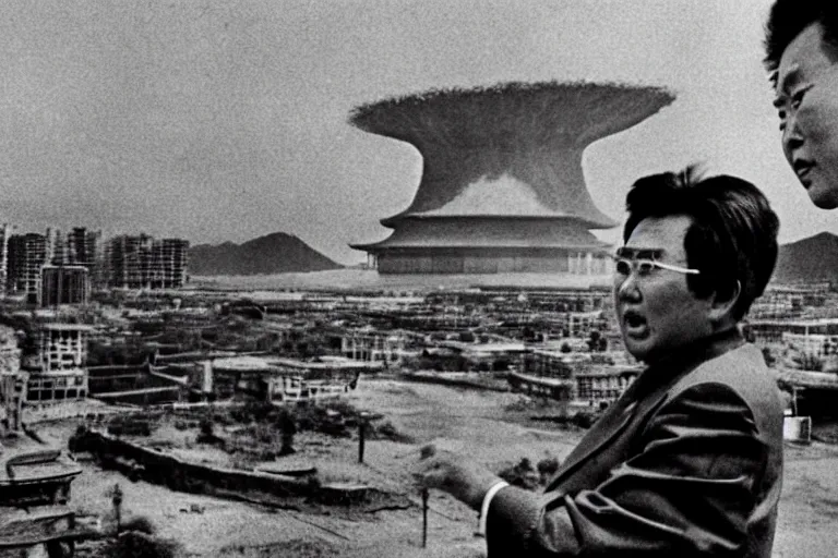 Prompt: a filmstill of Kim Jong-il looking at Starro Kaiju monster destroying Pyongyang, in Rashōmon by Akira Kurosawa (1950), traditional Korean city, palace, epic ultrawide shot, cinémascope