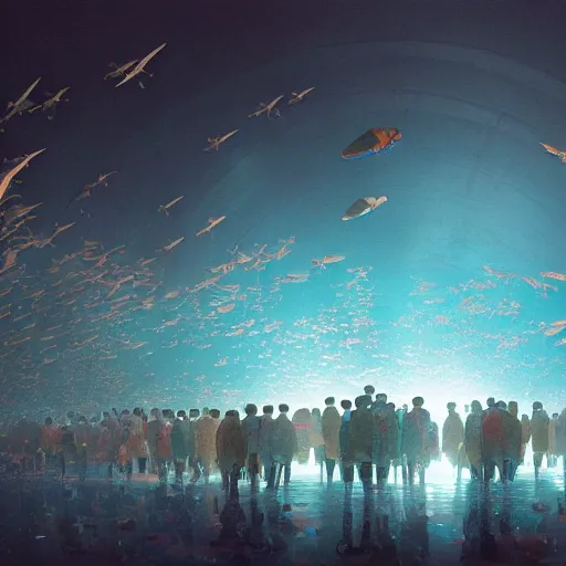 Prompt: a luminous school of fish dances in the air by Sparth and Greg Rutkowski, hypermaximalist, micro details, 3d sculpture, digital rendering, 4k, artstation, concept art, f22, wide angle, cinematic lighting