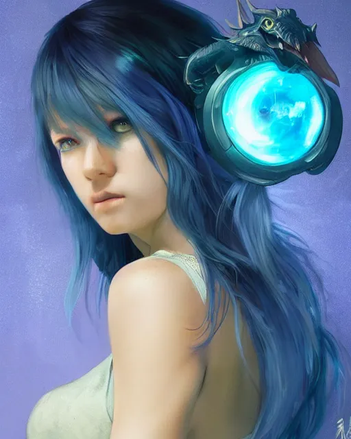 Prompt: pretty girl with a dragon back tattoo, blue hair, dj sura, laser lights, sharp focus, digital painting, 8 k, concept art, art by wlop, artgerm, greg rutkowski and alphonse mucha