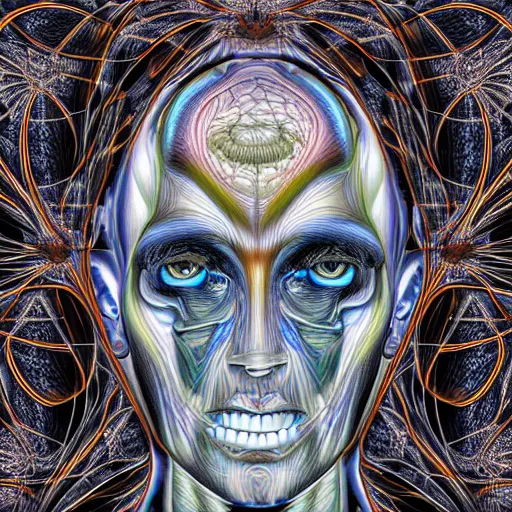 Prompt: full anterior shot human anatomical render in the style of alex grey, with an ornate fractal background featuring eyes