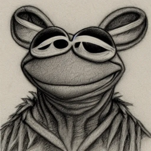 Prompt: simple pencil sketch of kermit the frog by gerald brom