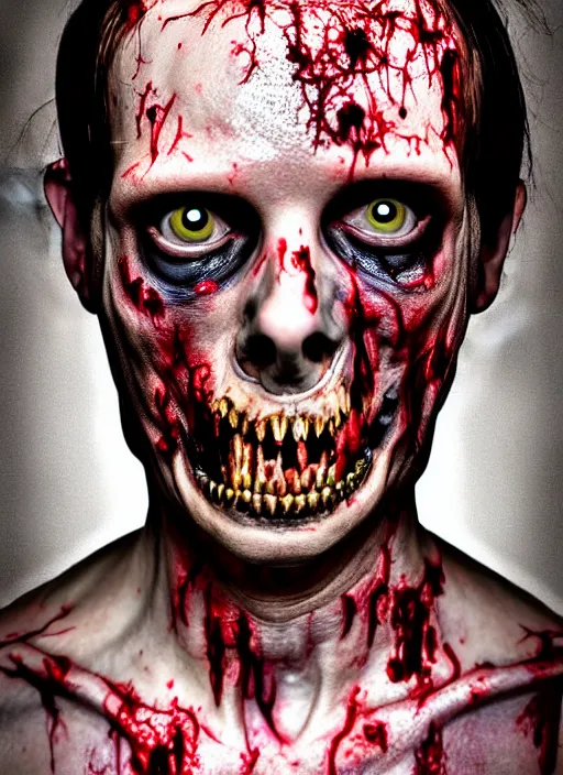Prompt: zombie hollywood professional acting headshot, hyperrealism, intricate detailed, studio lighting, charming expression gesicht