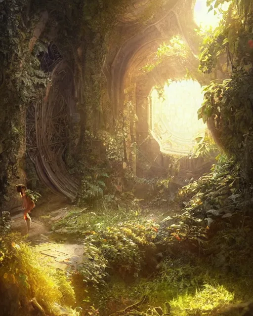 Image similar to a child looking at a dimensional portal in the hidden garden, scare, environment art, fantasy art, landscape art, in the style of greg rutkowski, illustration, epic, fantasy, intricate, hyper detailed, artstation, concept art, smooth, sharp focus, ray tracing