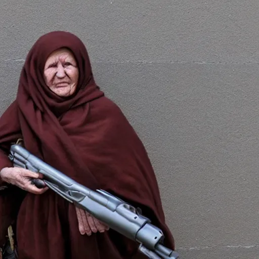 Prompt: babushka with machine gun