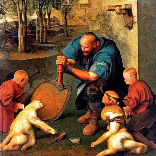 Image similar to ragnar lothrbok cutting off head of lamb at the pet n play zone in zoo with children crying around him while he laughs with beer and bloody axe in hand renaissance painting