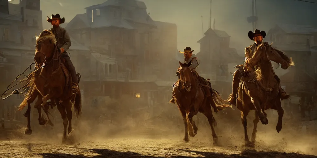 Prompt: rugged sheriff riding his horse through a busy old - west town, detailed, volumetric lighting, cinematic, in the style of fredrick remington