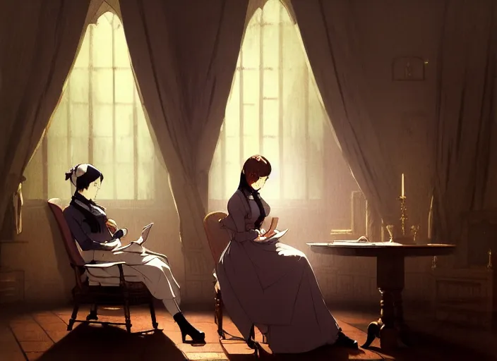 Image similar to victorian britain 1 8 3 5, adolecent florence nightingale reading in a chair in the drawing room of a english victorian manor light from a window on the left, finely detailed perfect art, gapmoe yandere grimdark, trending on pixiv fanbox, painted by greg rutkowski makoto shinkai takashi takeuchi studio ghibli