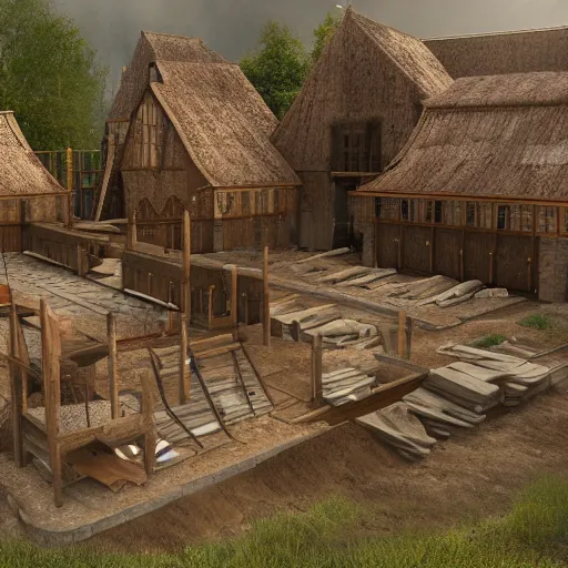 Prompt: digital artwork of construction site of a medieval house in construction. d & d, illustration, realism, trending on artstation, fantasy