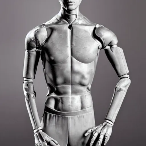 Image similar to a realistic detailed photo of a guy who is an attractive humanoid who is half robot and half humanoid, who is a male android, soccer player martin ødegaard, shiny skin, posing like a statue, blank stare, by the pool, on display, showing off his muscles, humanoid robot, frozen ice statue, made of ice