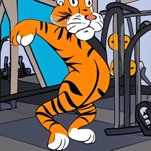 Image similar to “a tiger exercising at a gym, children cartoon, Disney”