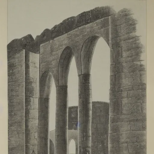 Image similar to flat primitive drawing, front view, full face, aqueduct with 4 arches