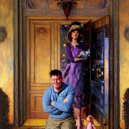 Image similar to portrait of sulley from monsters inc in front of house door. painting by gaston bussiere craig mullins jc leyendecker gustav klimt artgerm greg rutkowski john berkey, bergey, craig mullins, ruan jia, raymond swanland, tom lovell