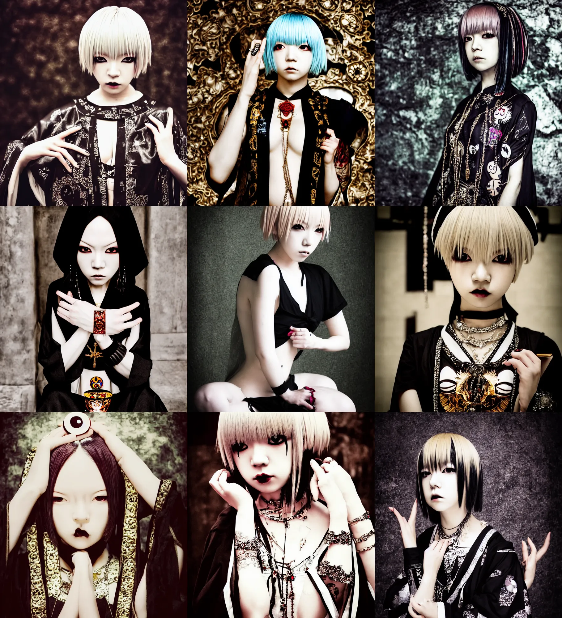 Prompt: lomography, full body portrait photo of women like reol as a priestness holding a ritual ritual in a temple interior, moody, realistic, dark, skin tinted a warm tone, hdr, rounded eyes, detailed facial features, white gold black, takashi murakami