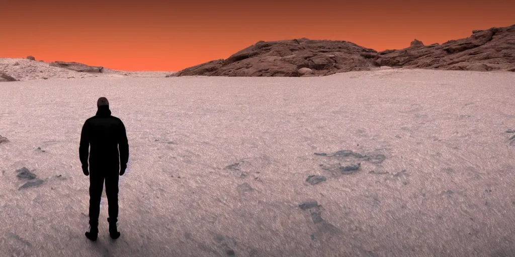 Image similar to a man standing in a icy planet looking to the sky at night, part of a red planet appearing in the sky, concept art, digital art, high quality, highly detailed, 8 k, octane render, unreal engine 5, trending on artstation, anatomically correct, five fingers, cinematic, high coherence, beautiful, hyperrealistic, serene landscape