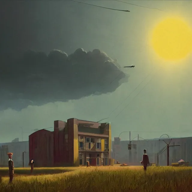 Prompt: An atompunk buildings with the sun shining through the clouds,,in utopia by Simon Stålenhag and Greg Rutkowski,In style of Grant Wood.hyper detailed,8K Resolution,highly realistic.trending on Artstation.oil on canvas