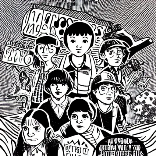 Prompt: mcbess illustration of strangers things kids