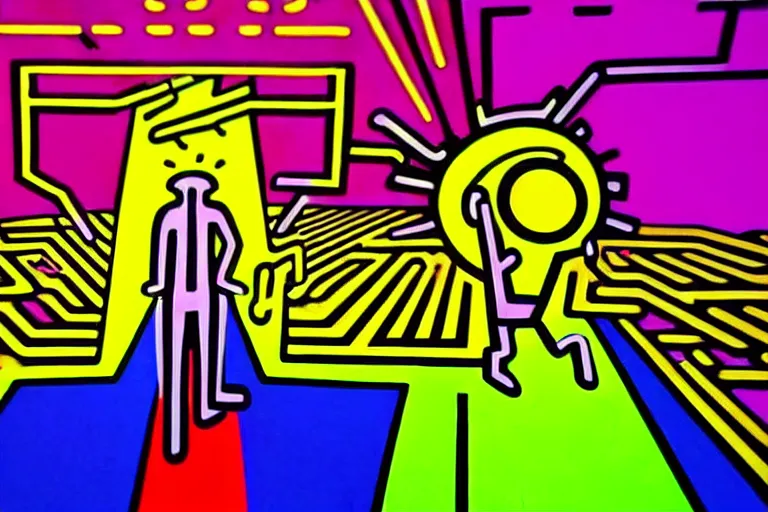Prompt: pop art of a giant cyberpunk god walking in a city, bright neon colors, intricate details, complementary colors, detailed face, backlighting, octane render, depth of field, extremely detailed, trending in artstation, focus on face, sharp focus, radiant light, beautiful composition, drawn by roy lichtenstein, keith haring, romero britto