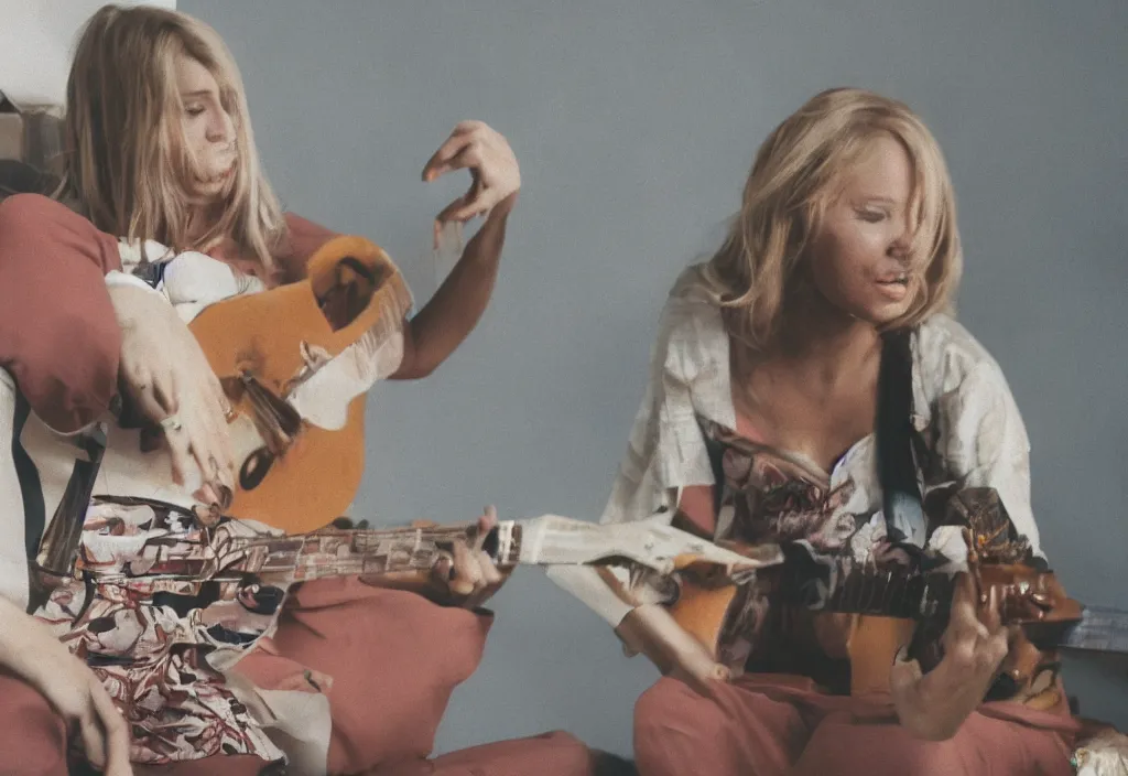 Image similar to beautiful women playing guitar in front of a tv, 3 5 mm, cinestill, depth of field, 3 d render