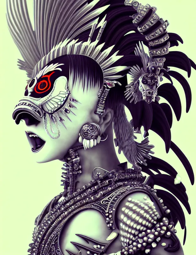 Image similar to 3 d goddess close - up profile portrait punk with mohawk with ram skull. beautiful intricately detailed japanese crow kitsune mask and clasical japanese kimono. betta fish, jellyfish phoenix, bio luminescent, plasma, ice, water, wind, creature, artwork by tooth wu and wlop and beeple and greg rutkowski