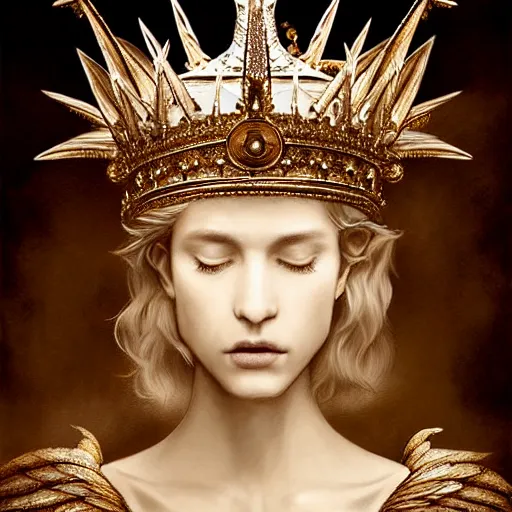 Image similar to elegant king's crown made of wings, delicate, fantasy, intricate, elegant, dramatic lighting, emotionally evoking symbolic metaphor, highly detailed, lifelike, photorealistic, digital painting, artstation, concept art, smooth, sharp focus, illustration, art by John Collier and Albert Aublet and Krenz Cushart and Artem Demura and Alphonse Mucha