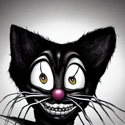 Image similar to A extremely highly detailed majestic hi-res beautiful, highly detailed head and shoulders portrait of a scary creepy black cartoon clown cat in eraserhead with scary big eyes, in the style of Walt Disney animation