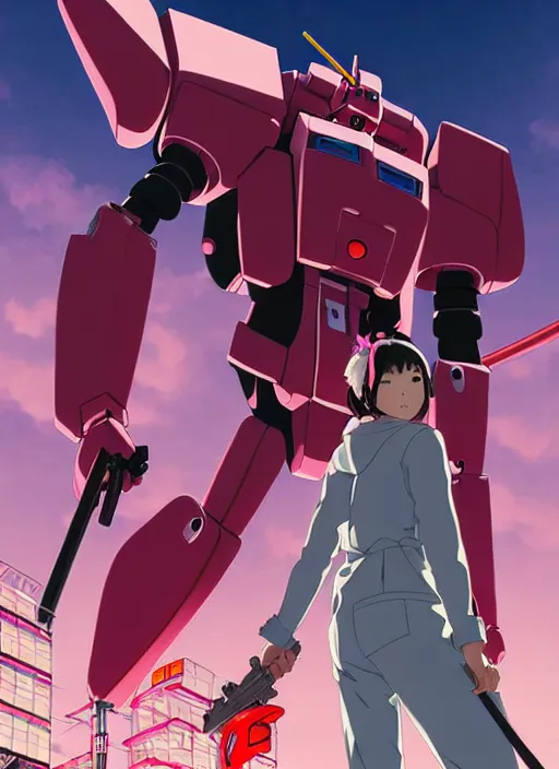 Image similar to Artwork by James Jean, Phil noto and hiyao Miyazaki; a young Japanese future samurai police girl named Yoshimi battles an enormous looming evil natured carnivorous pink gundam robot on the streets of Tokyo; Japanese shops and neon signage; crowds of people running; Art work by studio ghibli, Phil noto and James Jean