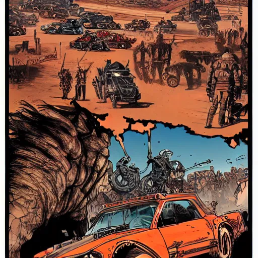 Prompt: precisely drawn illustration of a mad max machine, wide angle, sharp, fine details, french comic style, vibrant realistic colors, full color, heroic fantasy, intense line art, 8 k, precise linework, realistic, in the style of heavy metal comics and richard corben and moebius