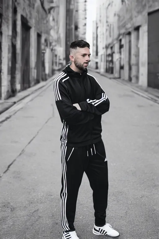 Image similar to Professional portrait photo of a drunk man wearing black adidas tracksuit, high quality photo, 25mm