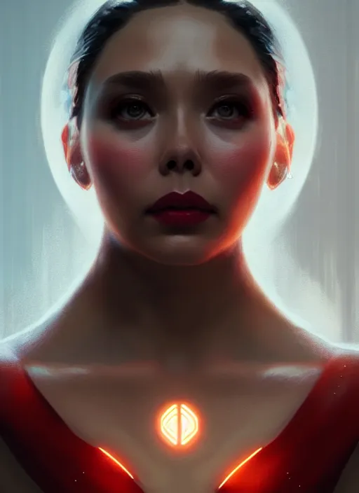 Image similar to portrait of modern darna, elizabeth olsen, intricate, elegant, glowing lights, highly detailed, digital painting, artstation, glamor pose, concept art, smooth, sharp focus, illustration, art by wlop, mars ravelo and greg rutkowski