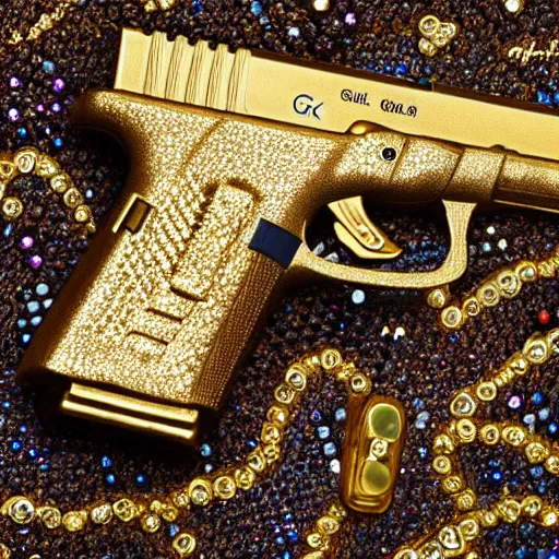 Prompt: a medium shot photograph of a gold glock 18 encrusted with gemstones against a smooth silk background