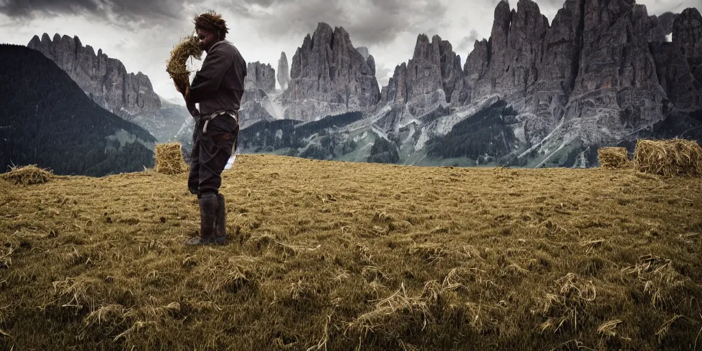 Prompt: alpine farmers turning into hay and root monsters, old pastures, dolomites in background, dark, eerie, despair, portrait photography, artstation, highly detailed, sharp focus, by cronneberg